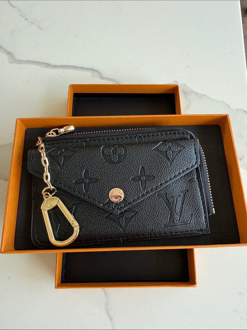 Black Embossed Monogram Card & Key Pouch with Gold Hardware